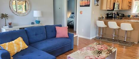 Beautiful living room with a pull out sofa! Brand new furniture & beds.