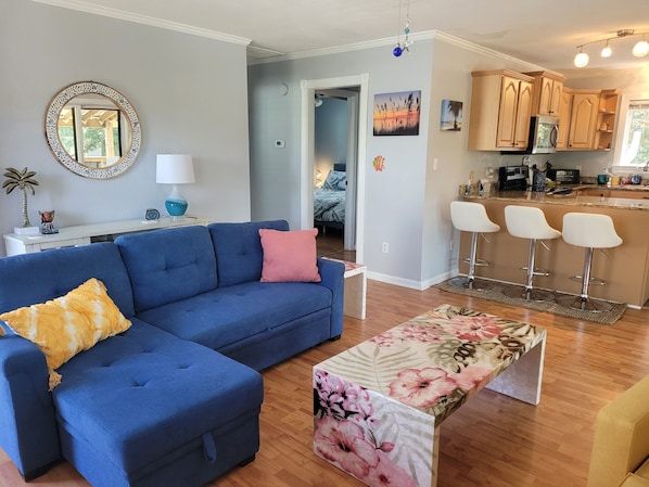 Beautiful living room with a pull out sofa! Brand new furniture & beds.