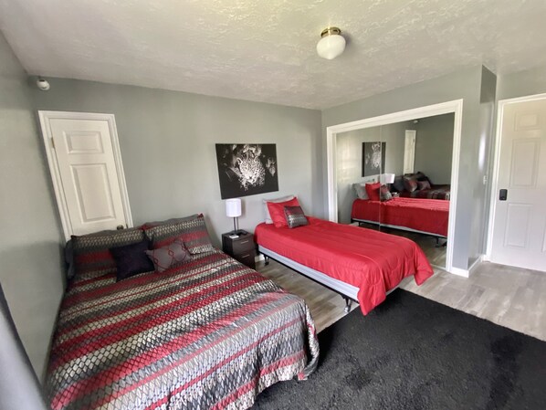 Large closet, Mountain View's, dark curtains, and smart tv.