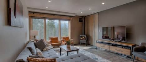 Living room with wood stove and flat screen TV