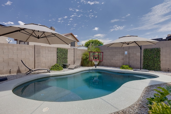 Private Heated Refreshing Pebble Tec Pool, with Shallow Wading area for the Kids