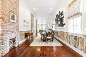 Dining room with table that seats six people.  