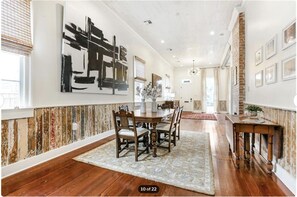 Dining room with table that seats six people.  