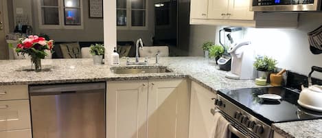 The heart of the apartment: The kitchen and living area, w/3 countertop chairs.