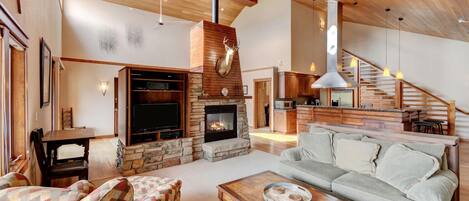 Expansive open floor plan with beautiful wood ceiling