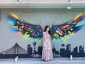 Take picture with our custom mural wings from a Texas famous artist.