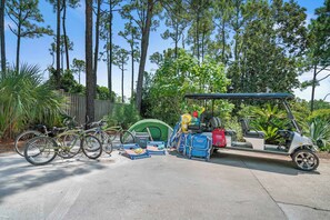 Bikes, Beach Chairs, Corn Hole all included and a new 6-seat golf cart available to rent. too. Great rates on it. 
