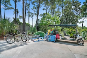Bikes, Beach Chairs, Corn Hole all included and a new 6-seat golf cart available to rent. too. Great rates on it.