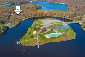 Walk to the island - pool, tennis courts, playground, rental shack available