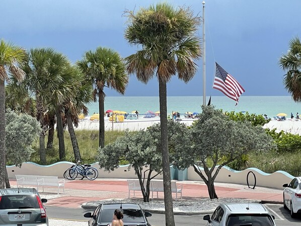 View from condo of beach on volleyball tournament day.
