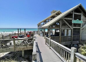 The Emerald Shores private Beach Cabana, a truly unique amenity, complete with private bathrooms, shaded spaces, and a snack bar!