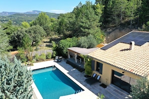 Aerial View with Villa, Terrace, Pool, and Mountains - Villa 26Coste