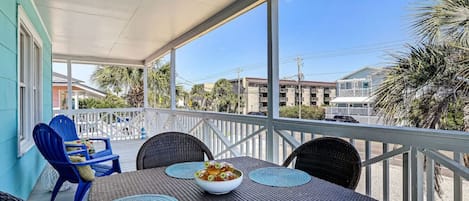 Private deck with 4-person dining table + 2 Adirondack chairs