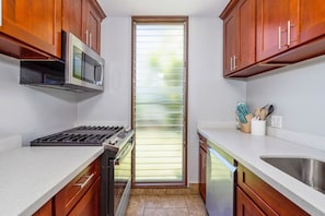 Fully stocked kitchen.