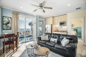 Pool floor, ocean side living room with sofa bed