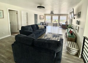 The second floor lounge and dining area and desk.