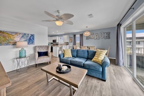 A view of the living room into the kitchen