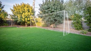 Backyard soccer net & grass field for tons of space to run around & play.