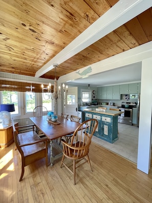 The dining table with kitchen in the background
