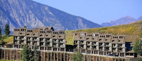 view of the townhomes on the hillside in summer