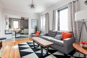 Stylish living room open on the kitchen