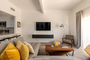living room with roku tv