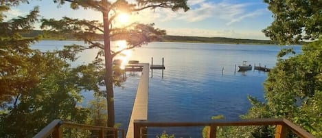 View of river, pier and floating dock.