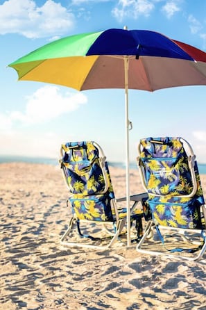 Beach Umbrella, 2 chairs, 2 beach towels, cooler, beach bag & cart for beach day