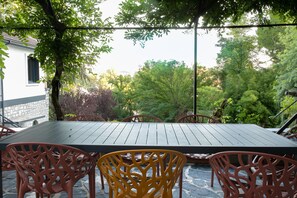 Terrasse extérieure en ardoise , ombragée par une Glycine, vue jardin.