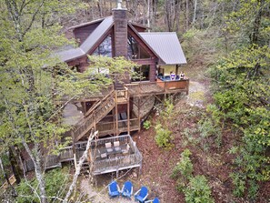 Aerial view of the cabin.  Note the hot tub and the lower deck.