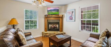 Relax in front of the fireplace and enjoy a good movie on the flatscreen TV. 