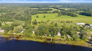 Ariel view of the house and lakefront views