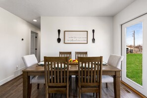 Dining table with seating for 6. Extra chairs and leaf available to seat 8