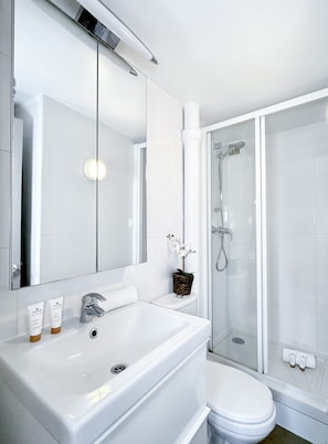 Modern bathroom amenities, including a well-appointed shower.