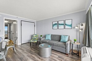 There is a sleeper sofa, and Murphy bed in the living room