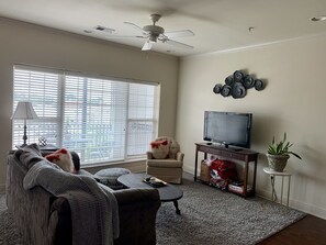 Bright living room on top floor