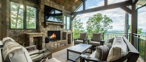 Main Level Deck with Wood Burning Fireplace and HD TV