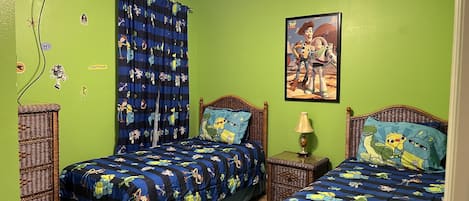 Toy Story themed room with two twin beds