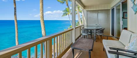 Poipu Palms #303 - Oceanfront Seating & Dining Lanai View - Parrish Kauai