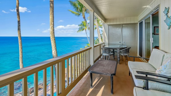 Poipu Palms #303 - Oceanfront Seating & Dining Lanai View - Parrish Kauai