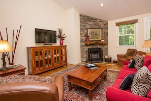 Living room with Stone Fireplace