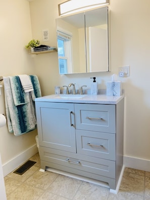 Newly updated bathroom with lots of storage inside vanity and medicine cabinet