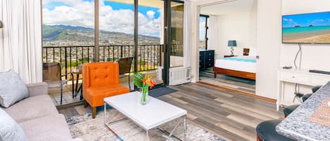 Living room with a pull-out sofa, chair, 43" TV, and mountain views