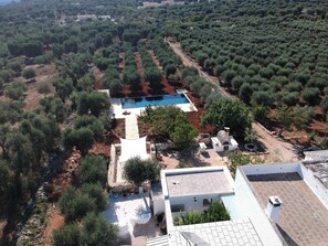 bird's eye view of house and pool