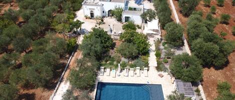 bird's eye view of house and pool