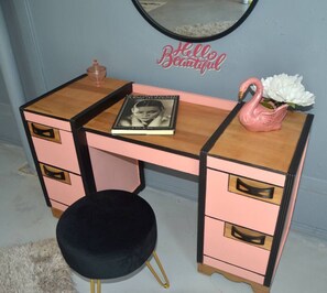 Hollywood Golden Age! The suite is filled with authentic vintage decor, like this sweet vanity, and fun pieces of Tinseltown history with classic film stars such as Marilyn Monroe, Audrey Hepburn, Cary Grant, Rita Hayworth, Lana Turner and more.
