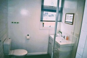 Bathroom with shower, vanity and toilet.