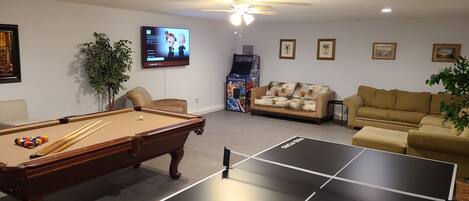 Newly added game room: Pool table, ping pong, 65' Roku TV, arcade game, and more