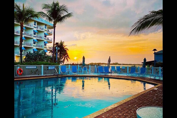 Galleon Resort Pool at Sunset.