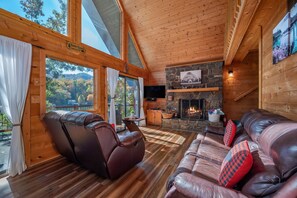 Flat screen TV with gas log fireplace